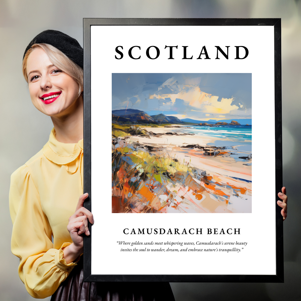 Person holding a poster of Camusdarach Beach