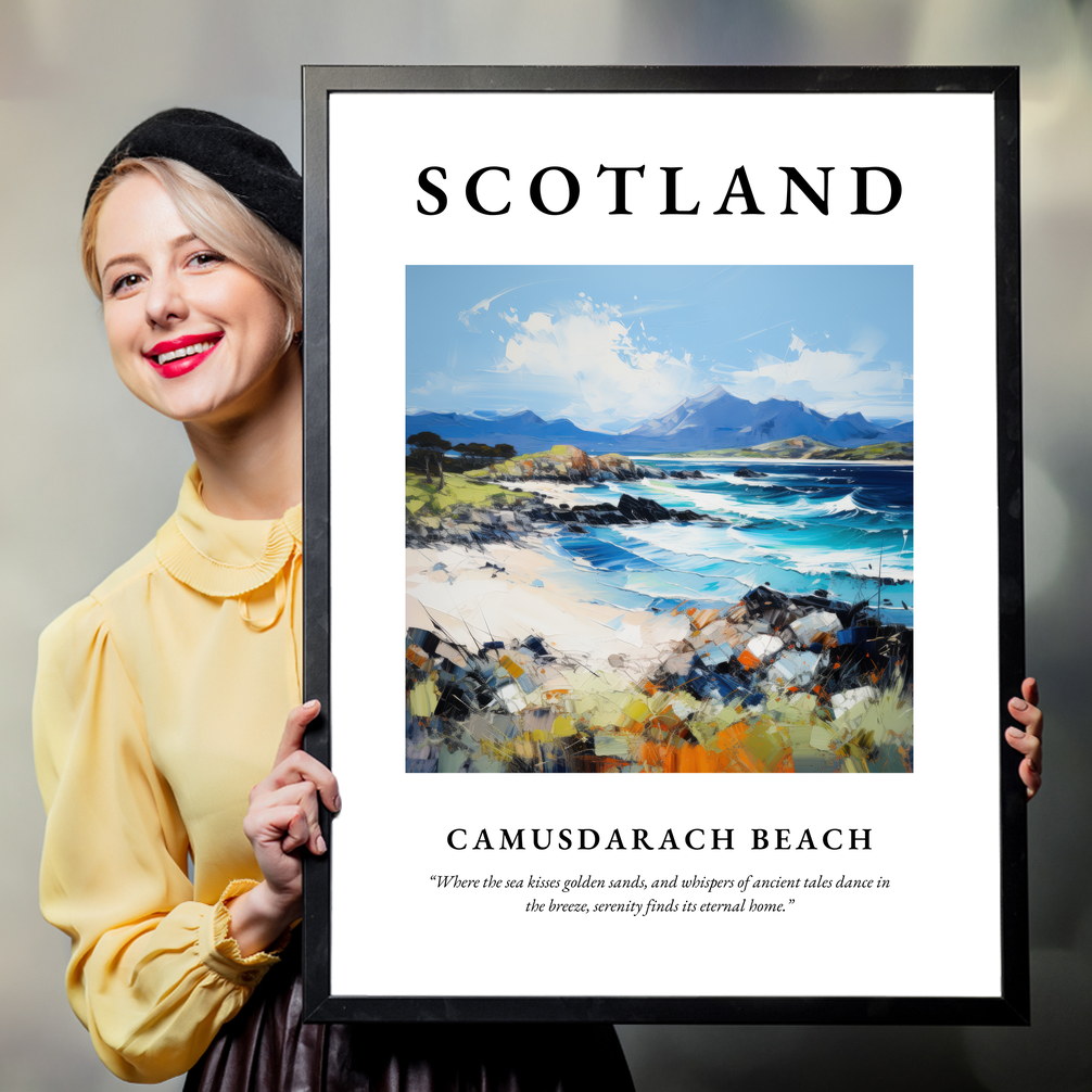 Person holding a poster of Camusdarach Beach