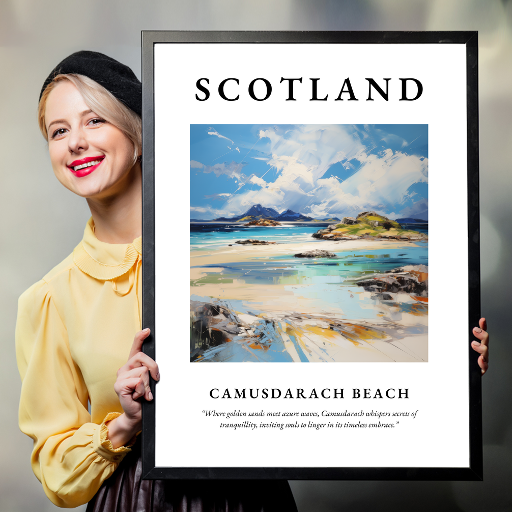 Person holding a poster of Camusdarach Beach