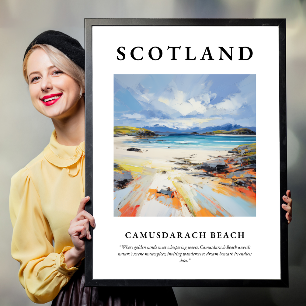 Person holding a poster of Camusdarach Beach