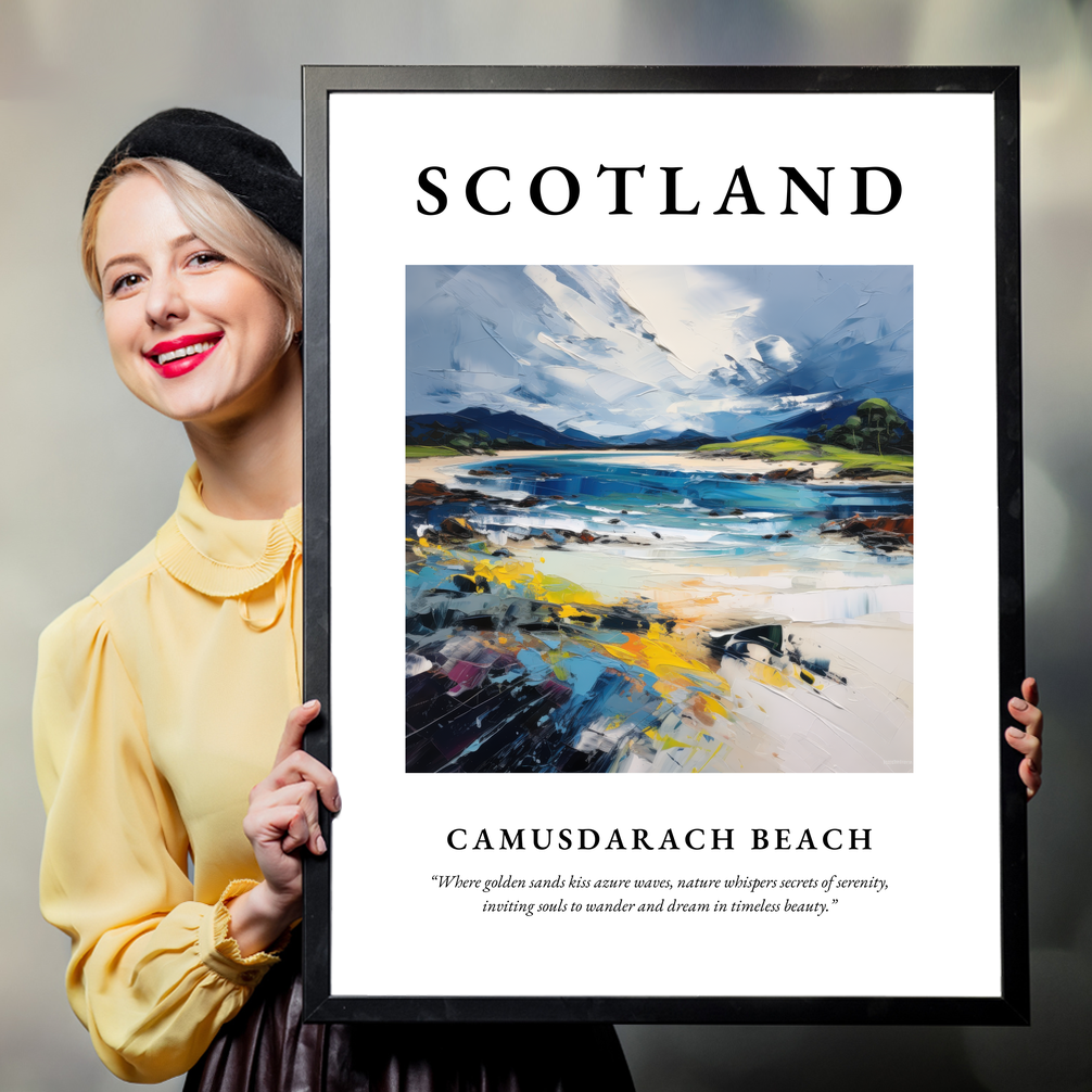 Person holding a poster of Camusdarach Beach