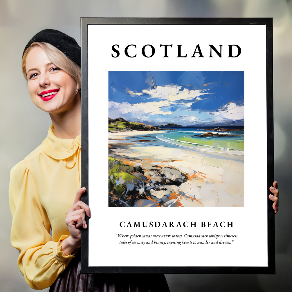 Person holding a poster of Camusdarach Beach