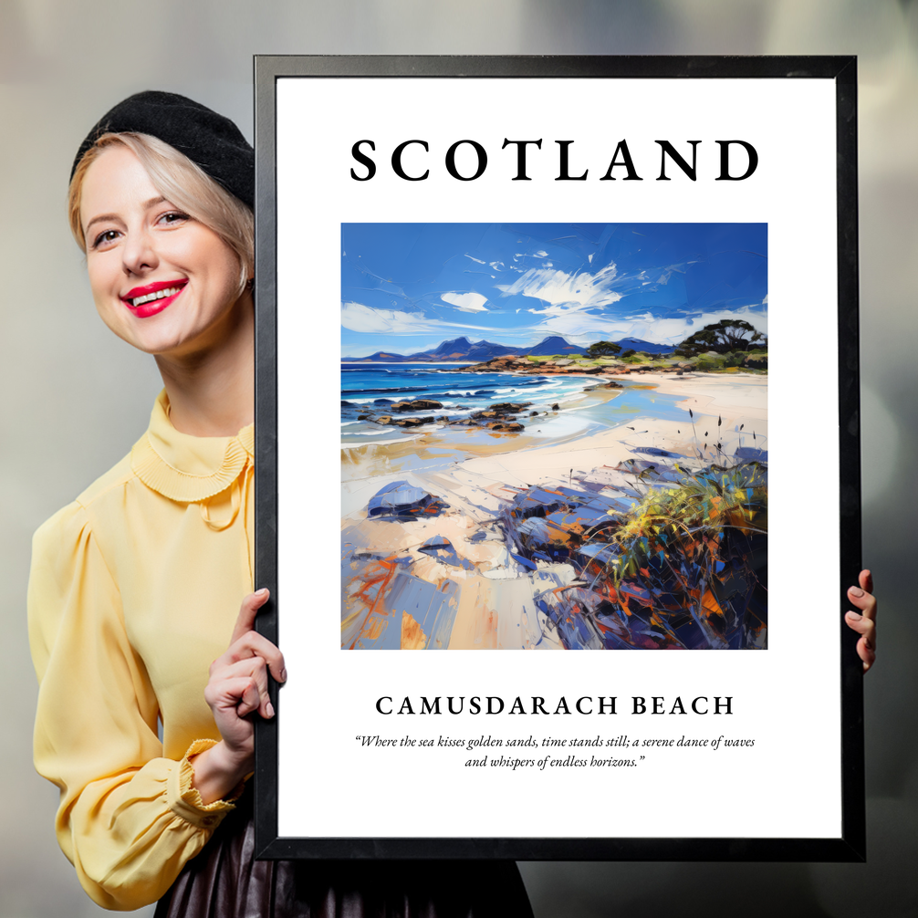 Person holding a poster of Camusdarach Beach