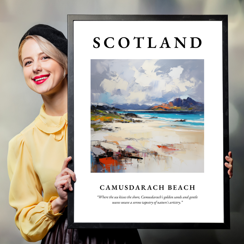 Person holding a poster of Camusdarach Beach