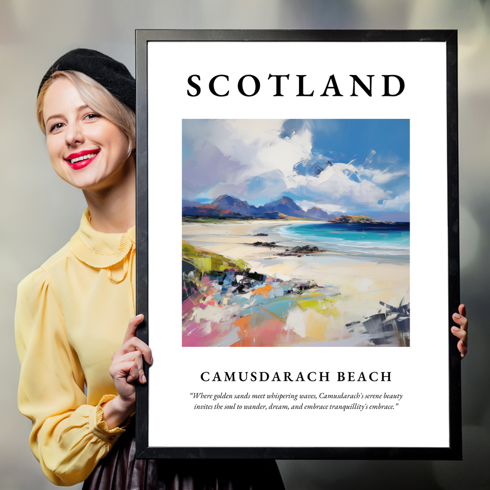 Person holding a poster of Camusdarach Beach