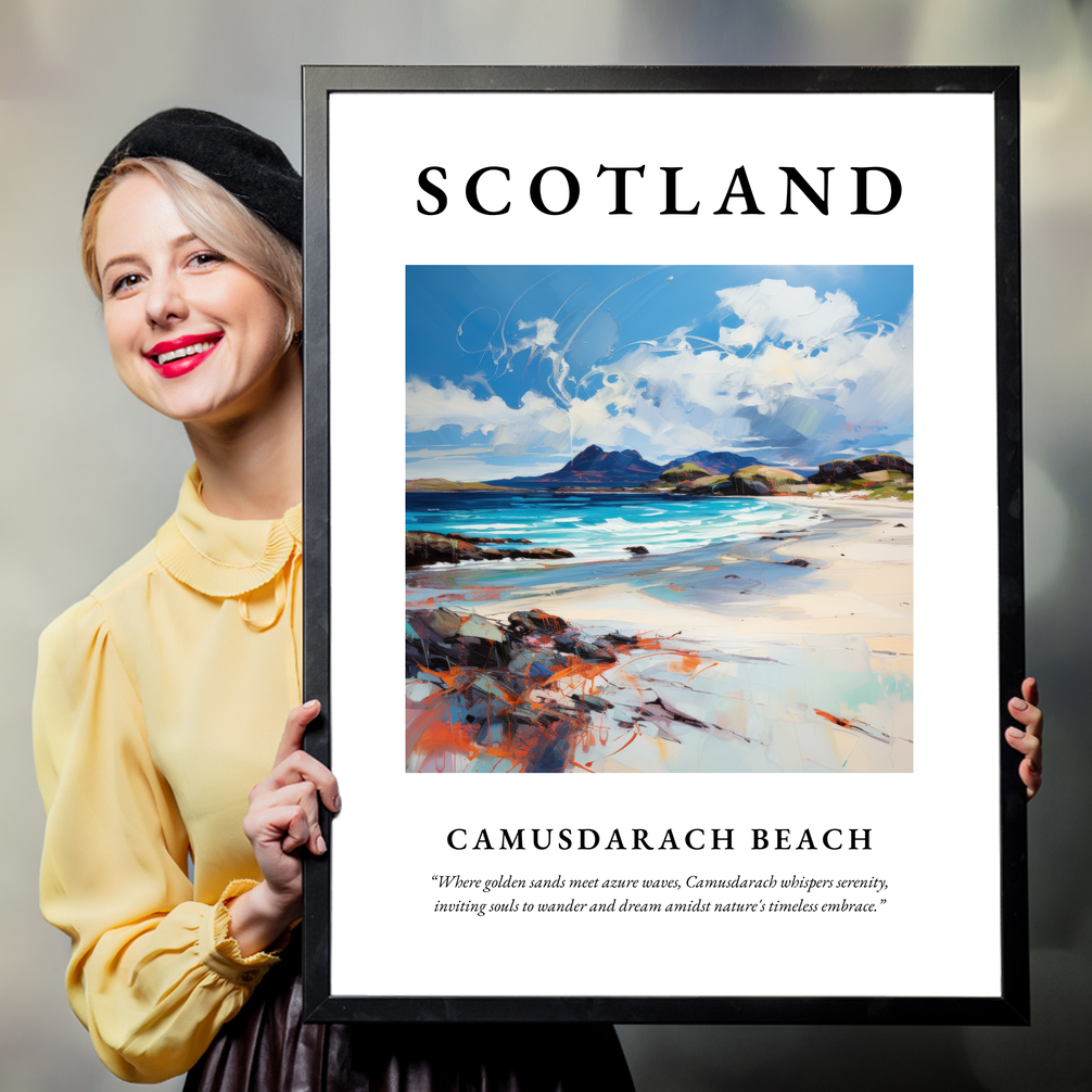 Person holding a poster of Camusdarach Beach