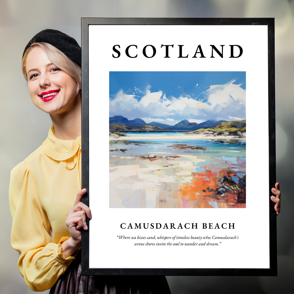 Person holding a poster of Camusdarach Beach