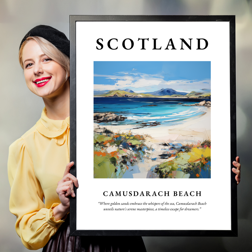 Person holding a poster of Camusdarach Beach