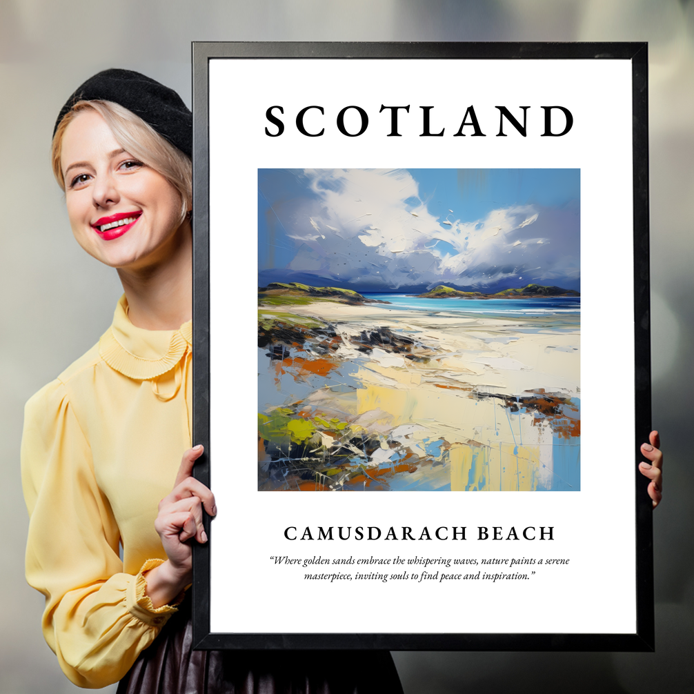 Person holding a poster of Camusdarach Beach