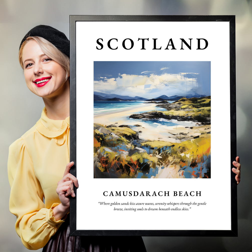 Person holding a poster of Camusdarach Beach