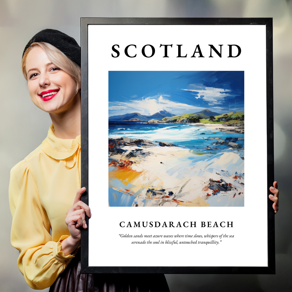 Person holding a poster of Camusdarach Beach