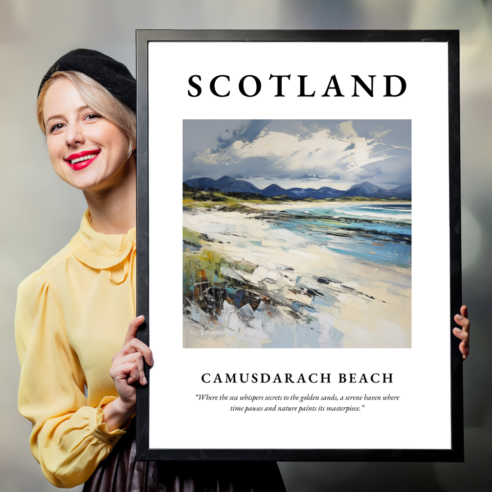 Person holding a poster of Camusdarach Beach