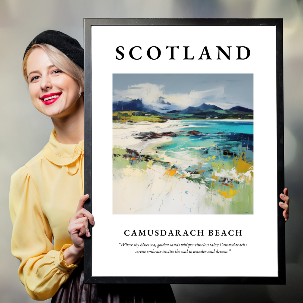 Person holding a poster of Camusdarach Beach