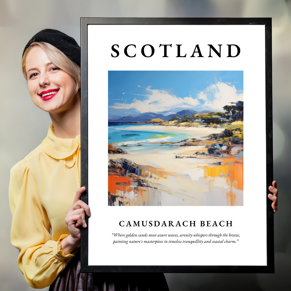 Person holding a poster of Camusdarach Beach