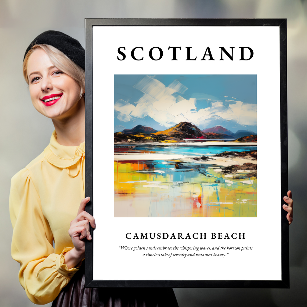 Person holding a poster of Camusdarach Beach