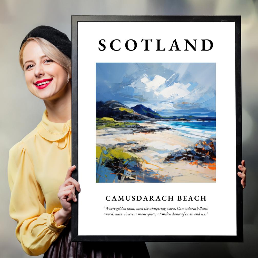 Person holding a poster of Camusdarach Beach