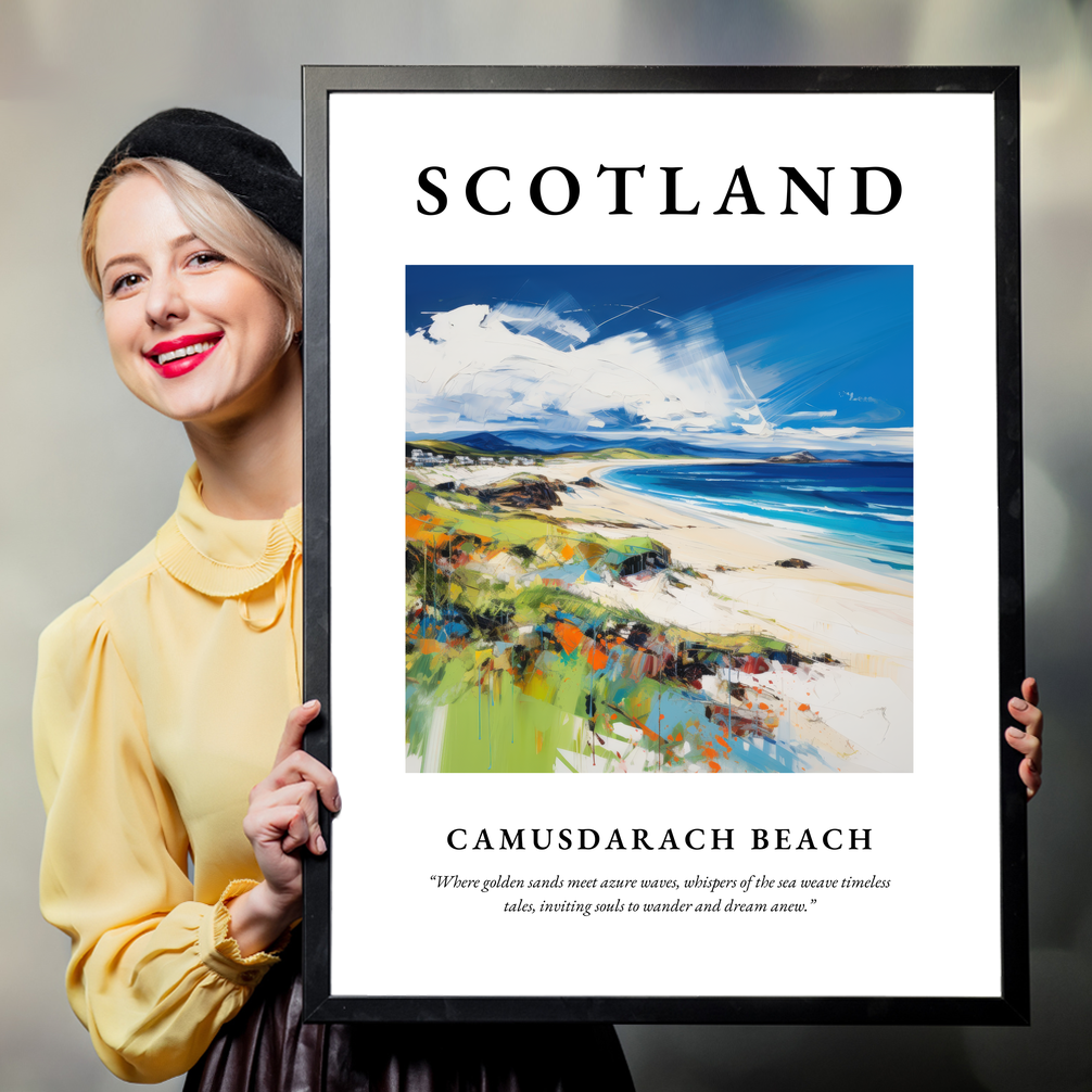 Person holding a poster of Camusdarach Beach