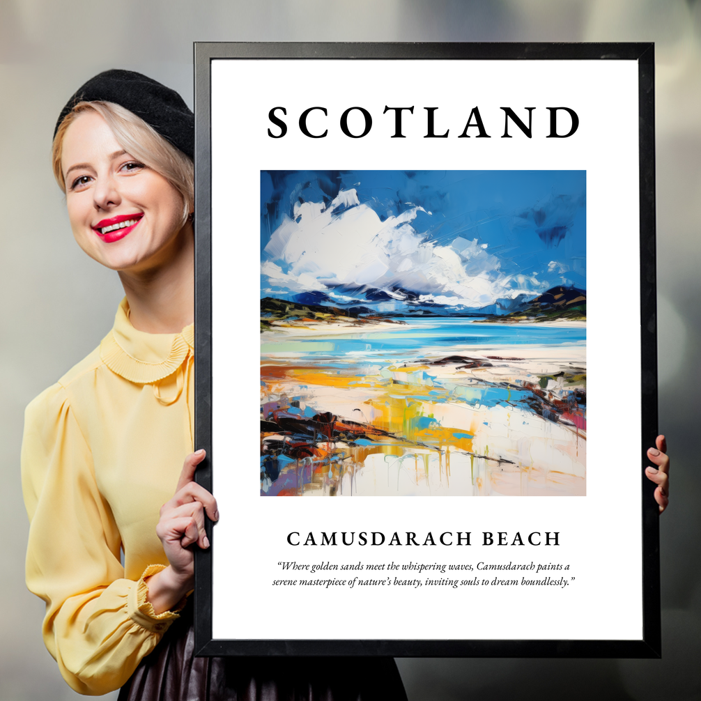 Person holding a poster of Camusdarach Beach