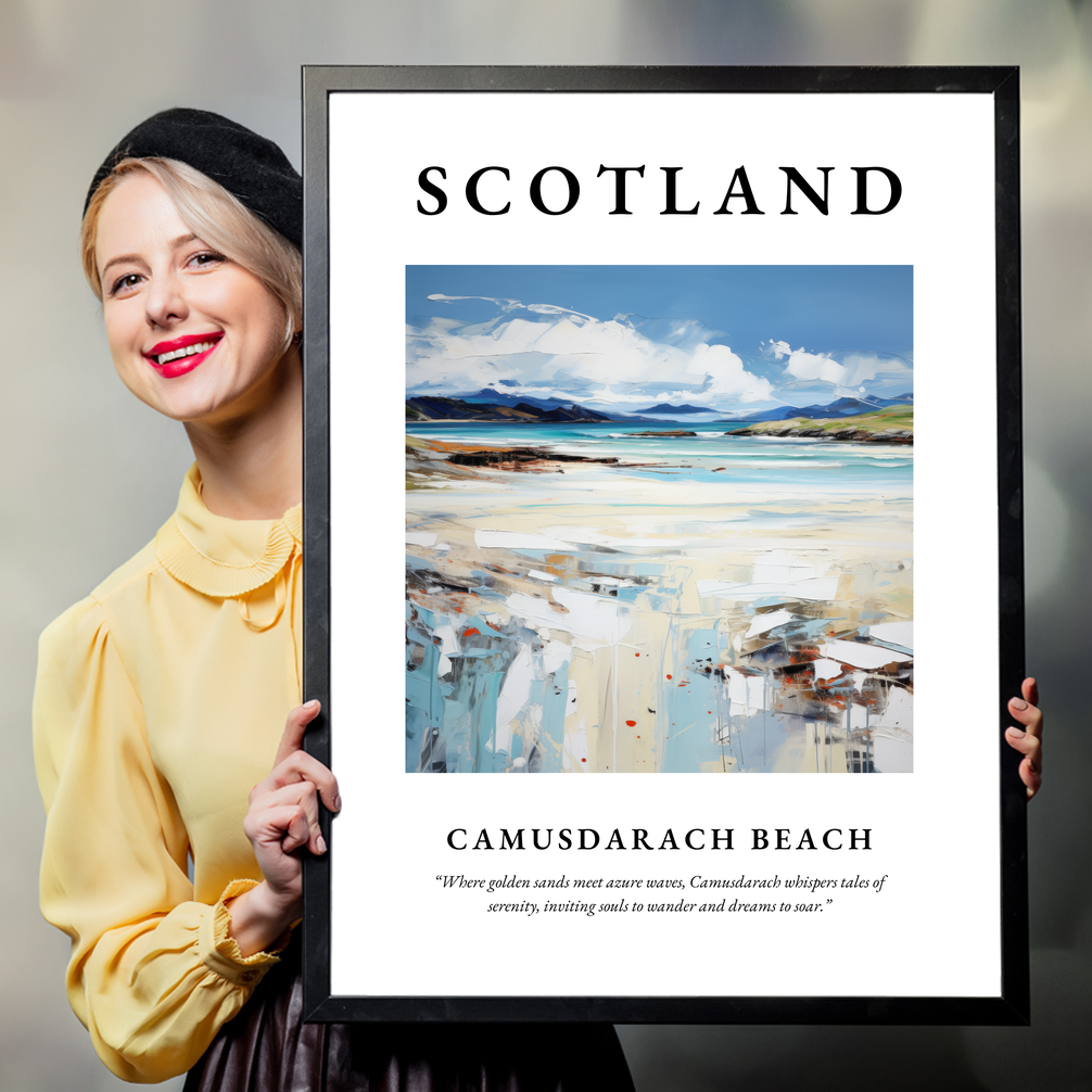 Person holding a poster of Camusdarach Beach