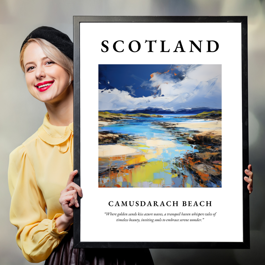 Person holding a poster of Camusdarach Beach