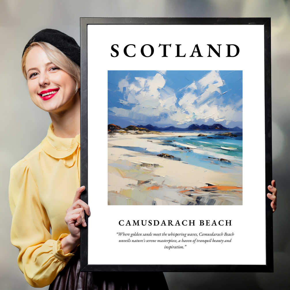 Person holding a poster of Camusdarach Beach