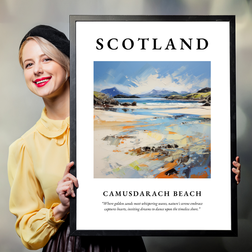 Person holding a poster of Camusdarach Beach