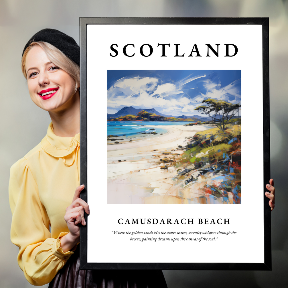 Person holding a poster of Camusdarach Beach