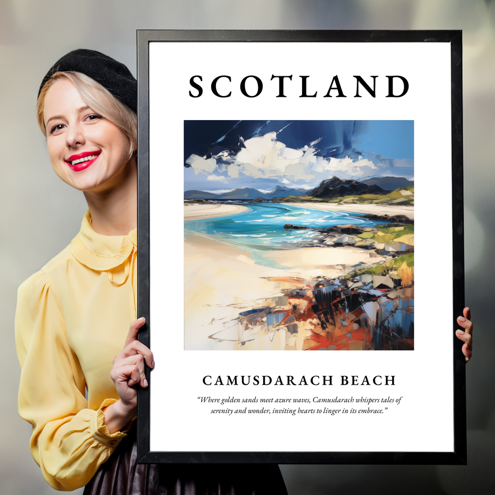 Person holding a poster of Camusdarach Beach