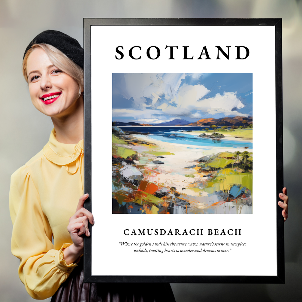 Person holding a poster of Camusdarach Beach