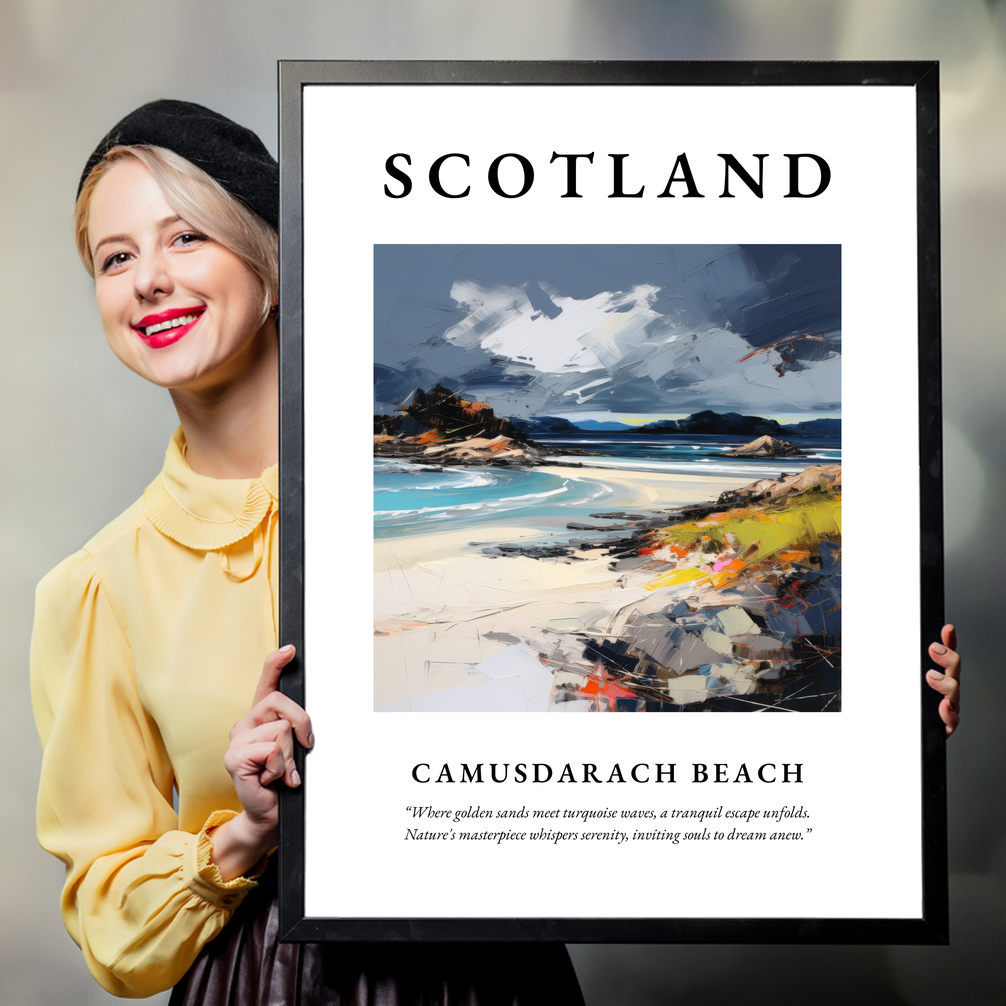 Person holding a poster of Camusdarach Beach