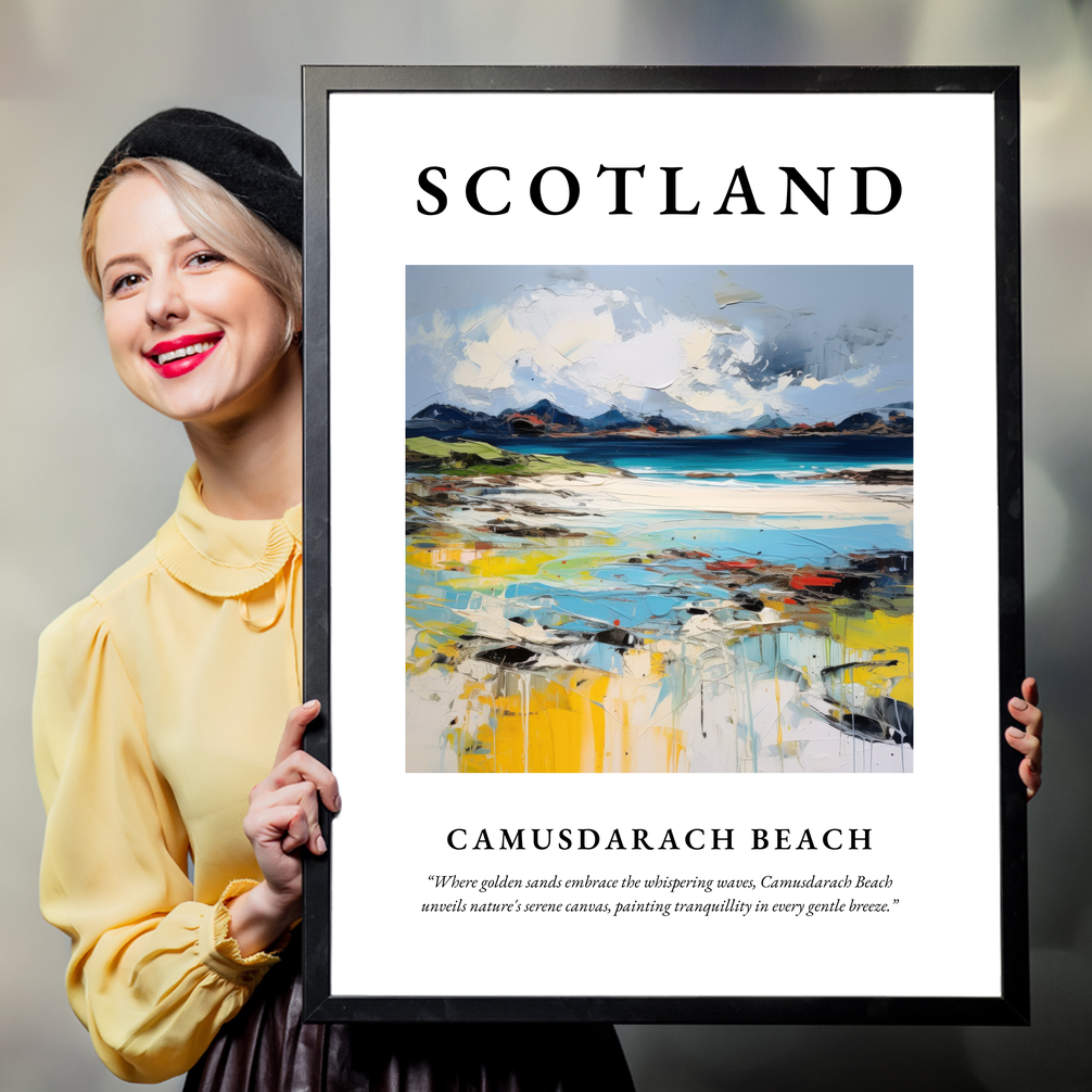 Person holding a poster of Camusdarach Beach