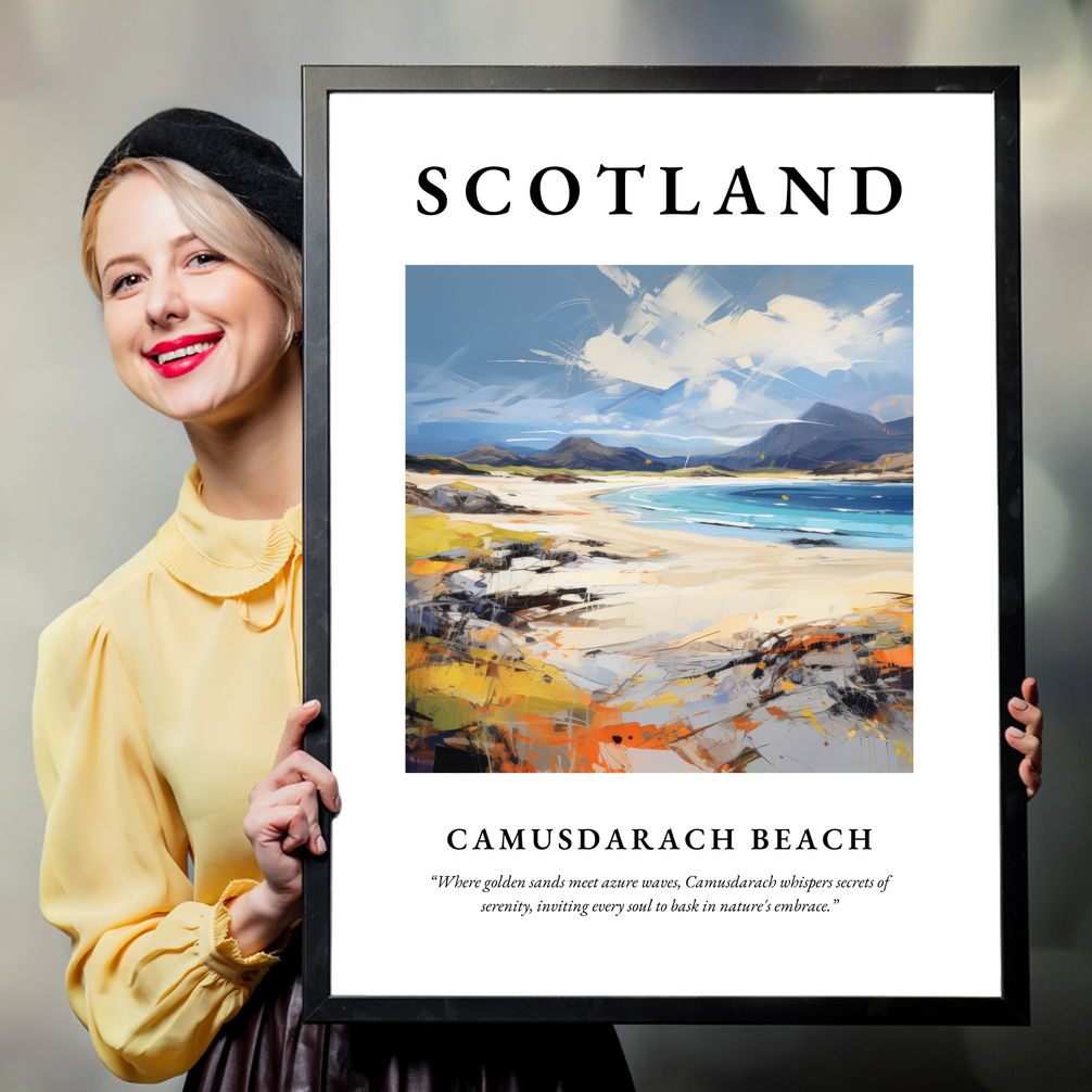 Person holding a poster of Camusdarach Beach