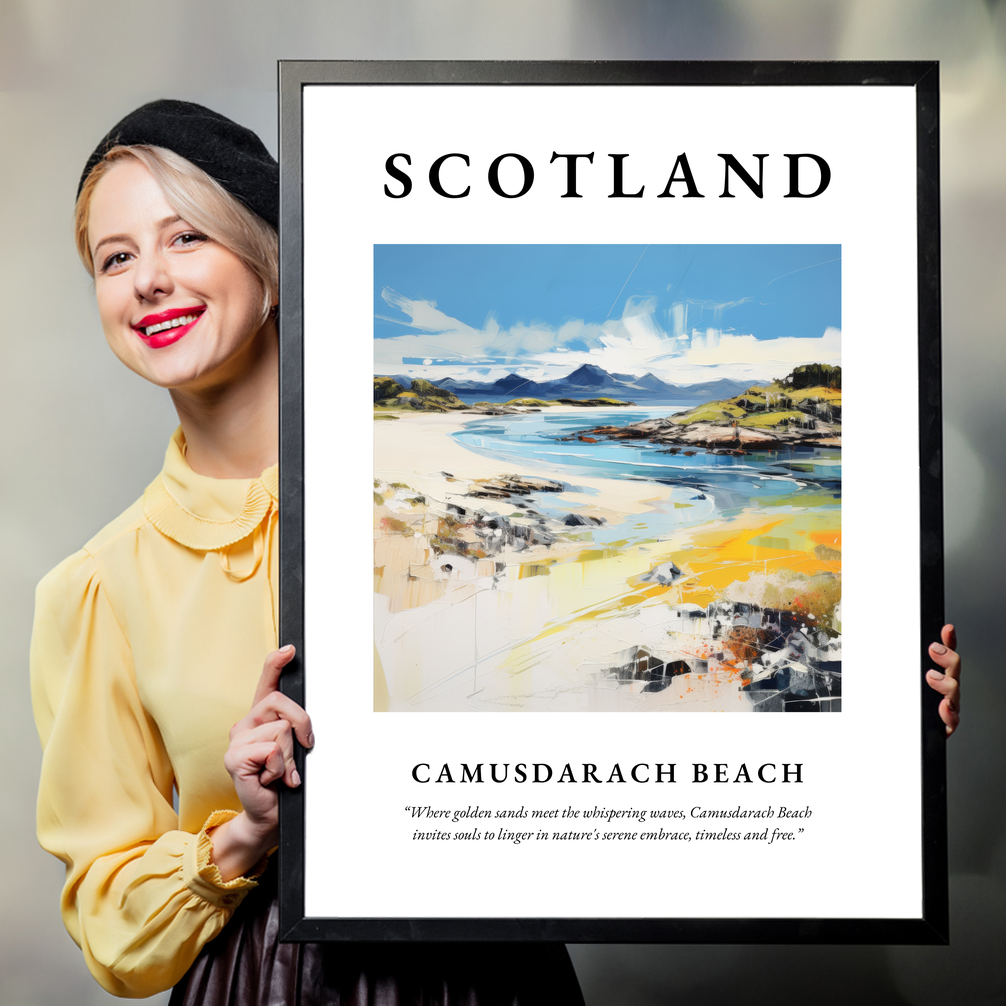 Person holding a poster of Camusdarach Beach