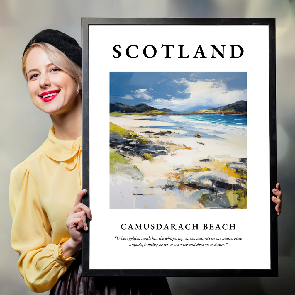 Person holding a poster of Camusdarach Beach