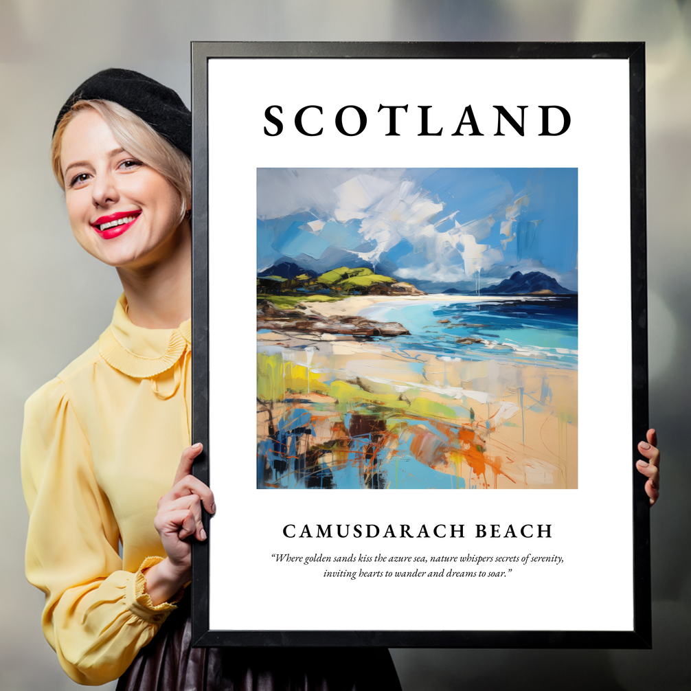 Person holding a poster of Camusdarach Beach