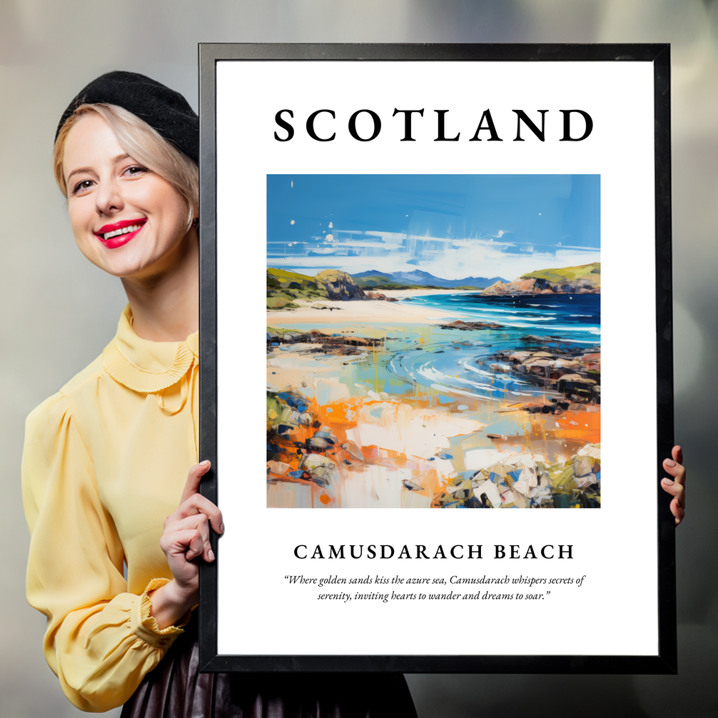 Person holding a poster of Camusdarach Beach