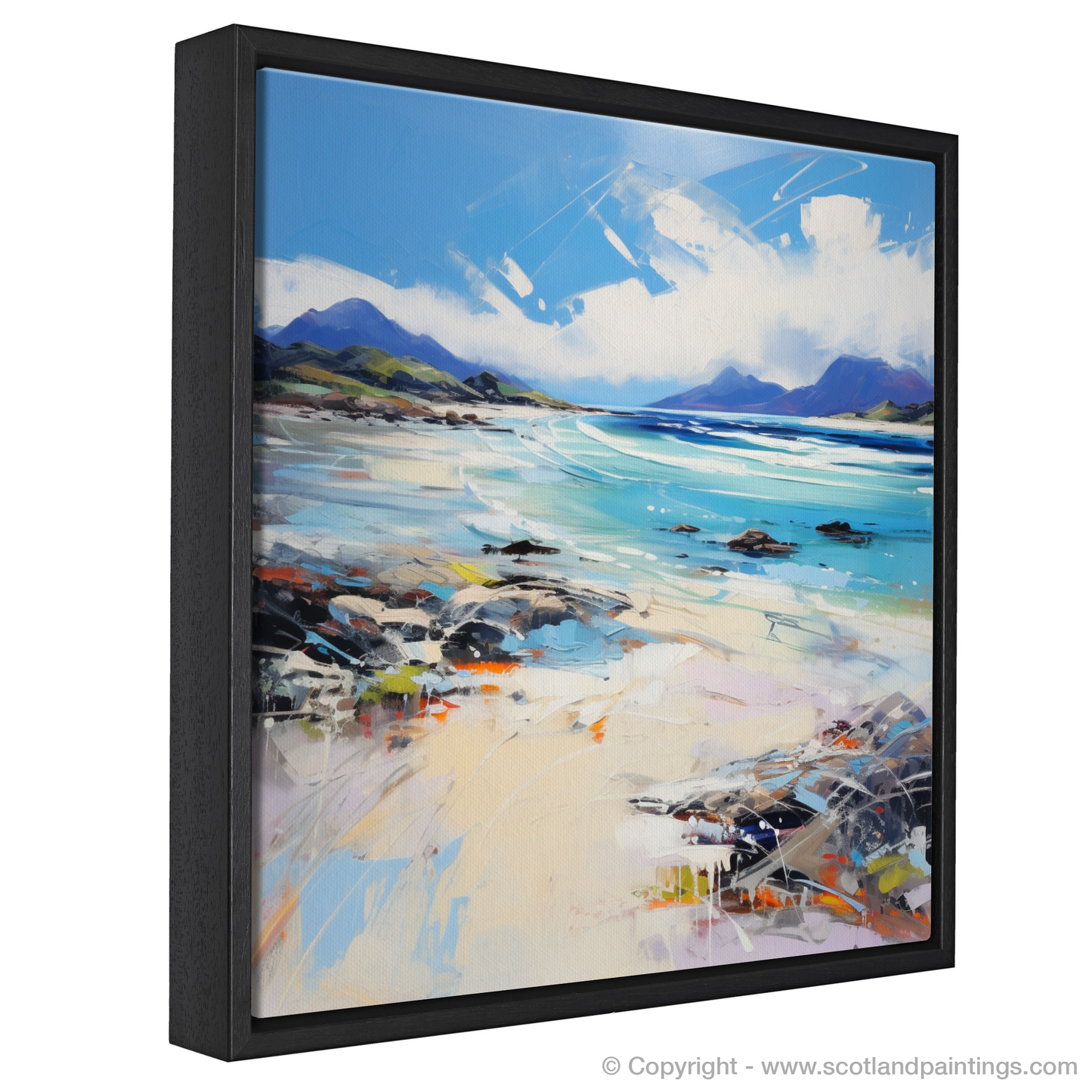 Painting and Art Print of Camusdarach Beach, Arisaig entitled "Dancing Skies and Rugged Shores: The Essence of Camusdarach Beach".