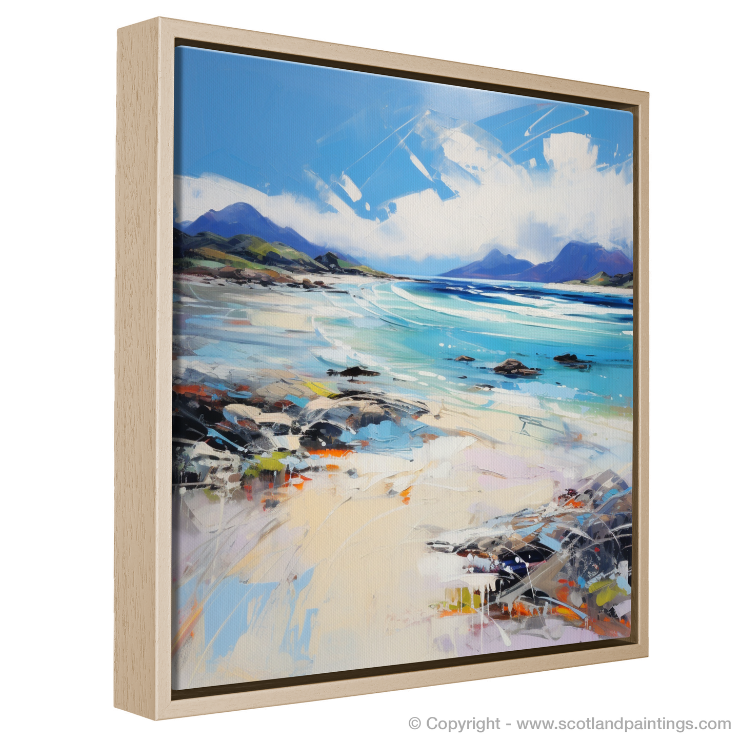 Painting and Art Print of Camusdarach Beach, Arisaig entitled "Dancing Skies and Rugged Shores: The Essence of Camusdarach Beach".