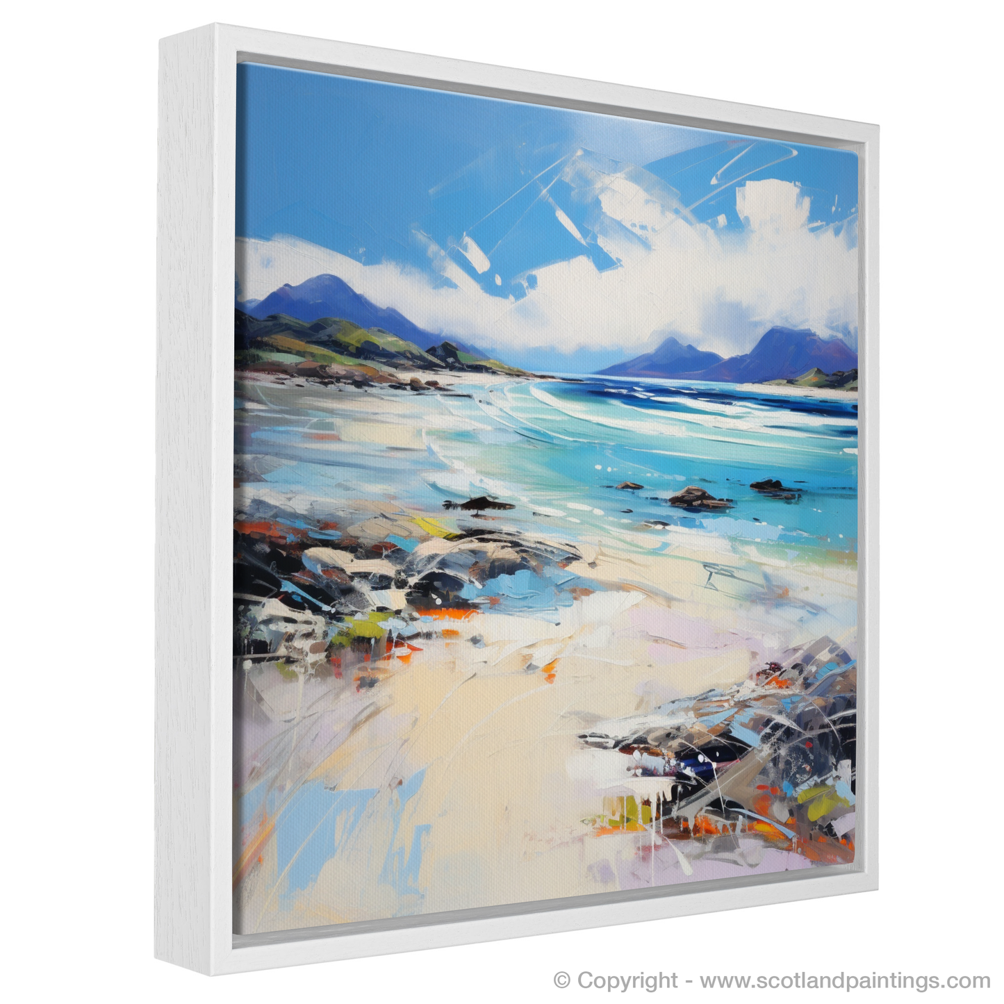 Painting and Art Print of Camusdarach Beach, Arisaig entitled "Dancing Skies and Rugged Shores: The Essence of Camusdarach Beach".