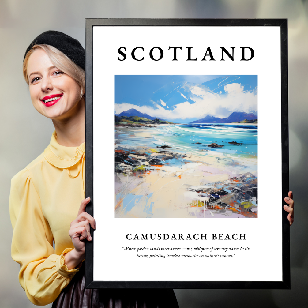 Person holding a poster of Camusdarach Beach