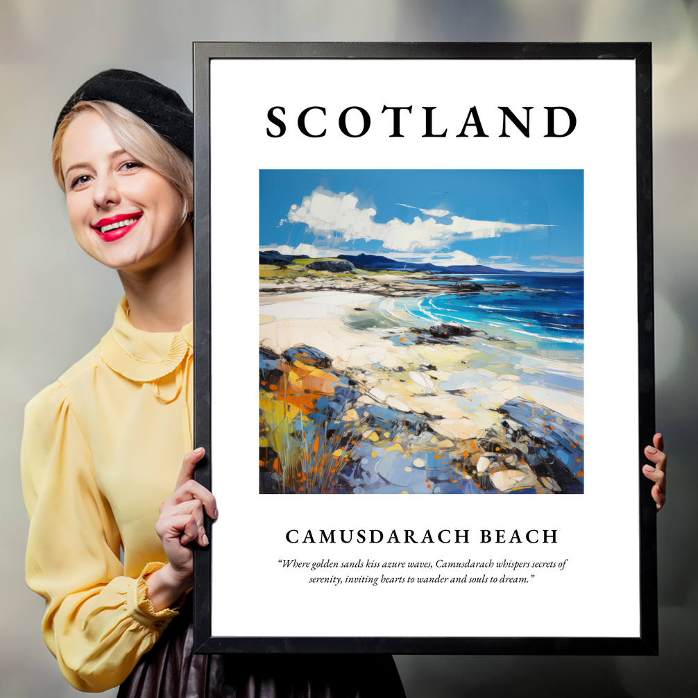 Person holding a poster of Camusdarach Beach