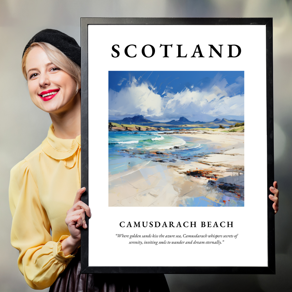 Person holding a poster of Camusdarach Beach