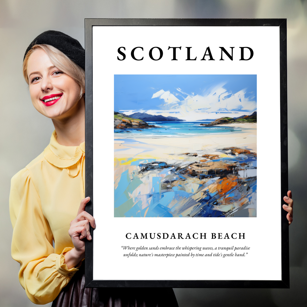 Person holding a poster of Camusdarach Beach