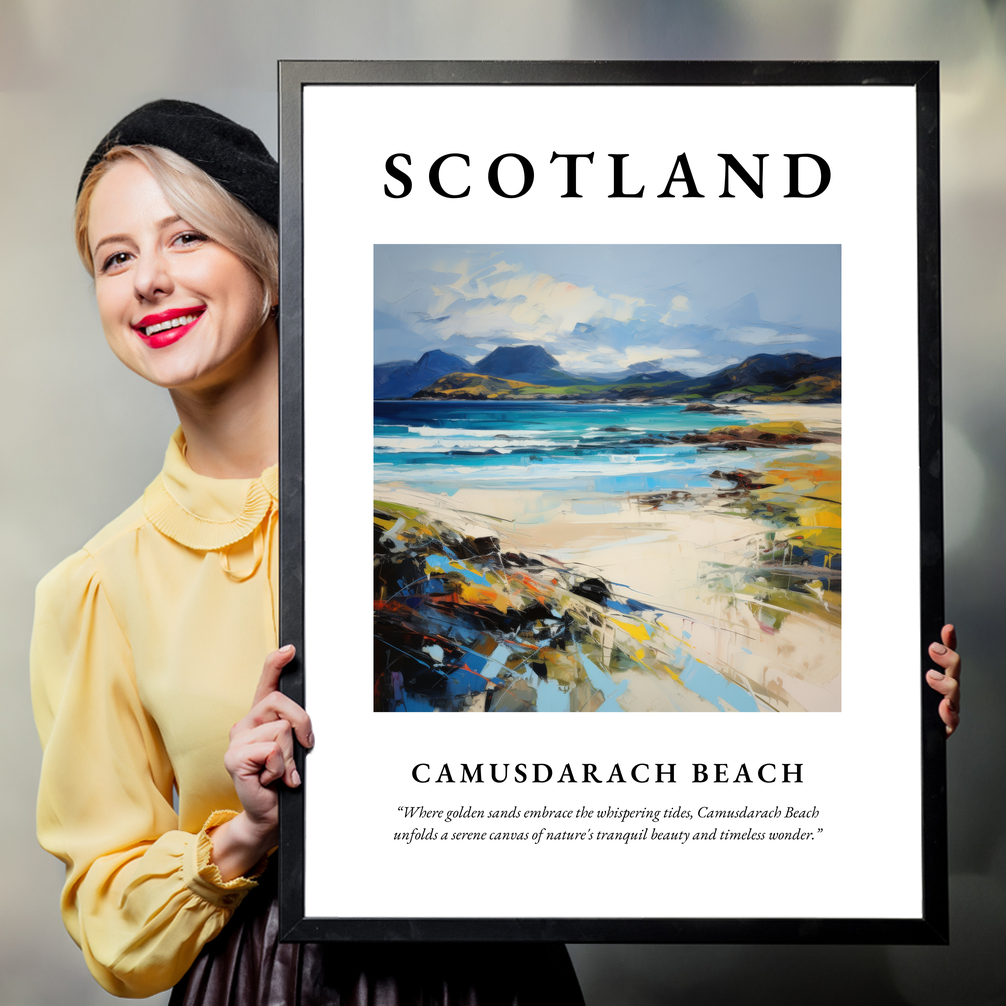 Person holding a poster of Camusdarach Beach