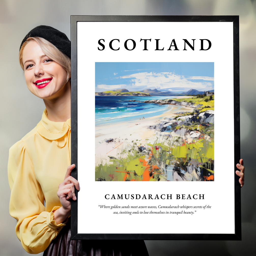 Person holding a poster of Camusdarach Beach