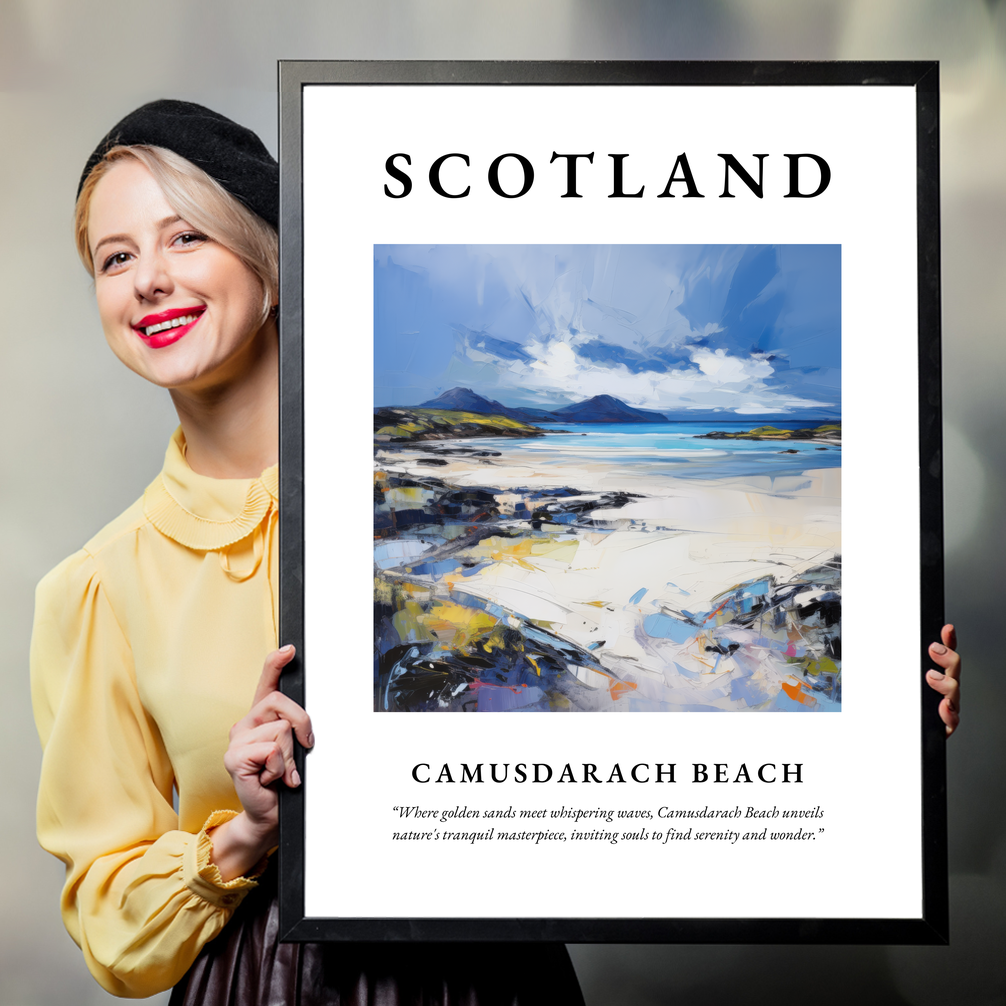 Person holding a poster of Camusdarach Beach