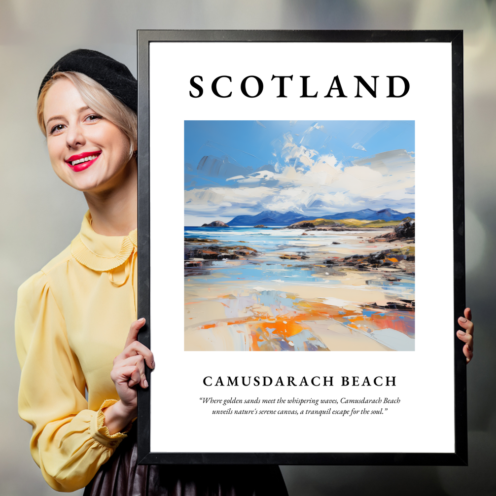 Person holding a poster of Camusdarach Beach