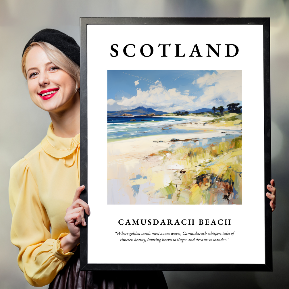 Person holding a poster of Camusdarach Beach