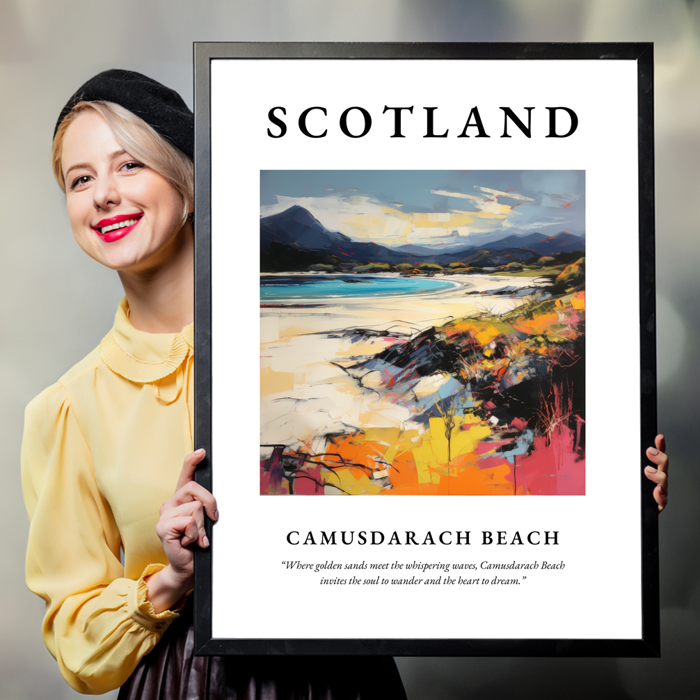 Person holding a poster of Camusdarach Beach