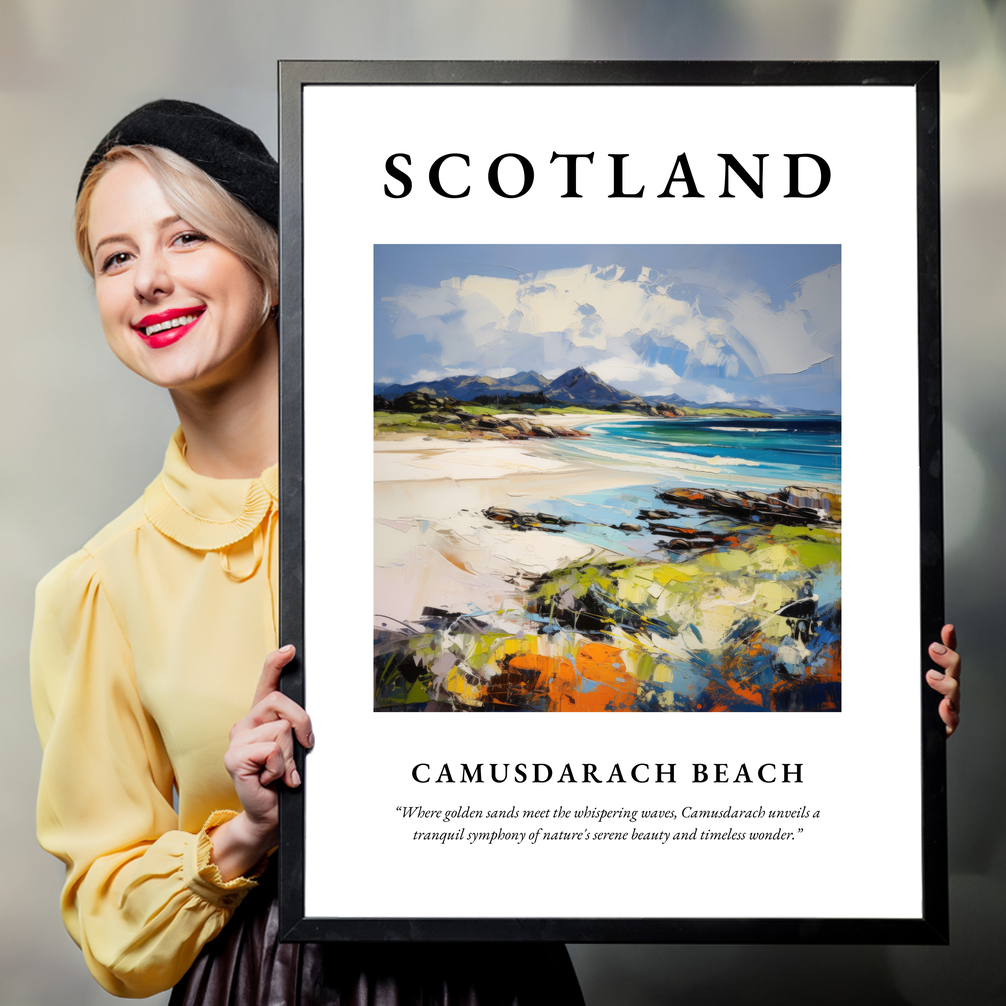 Person holding a poster of Camusdarach Beach